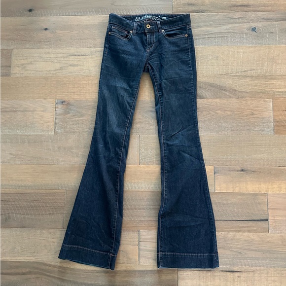 Guess Denim - Y2K Vintage Guess Low Rise Wide Flare Guess Jeans, Dark Wash with Wide Stitching